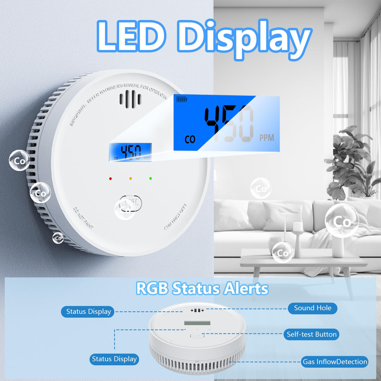 Interlinked Smoke Detector and Carbon Monoxide Detector Combo with LED Indicators, 2 in 1 CO & Smoke Alarm, Battery Operated Wireless Interconnected Smoke and Carbon Monoxide Detectors 3-Pack