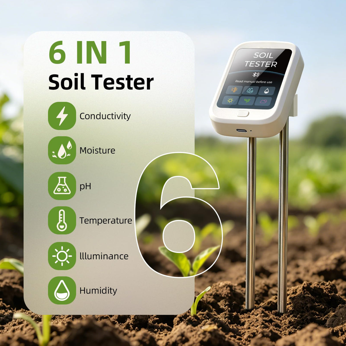KGLLIFE 6-in-1 Soil Test Kit, pH/Humidity/Moisture/Temperature/Conductivity/Illuminance Soil Meter for Indoor & Outdoor, Soil Tester with Bluetooth Connectivity, Garden Tools for Plant Lover