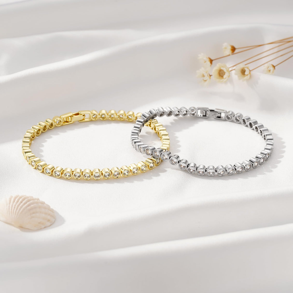 Yoosteel 14K-Gold-Plated Bezel Tennis Bracelet for Women,6.5 In CZ Bracelet