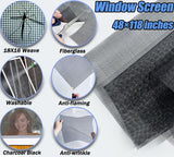 King&Charles Window Screen Door Repair/Replacement Kit, Include Black Screen Mesh 48"x118"+ 2 Roller+50Ft Spline+8Clips+Hook, 6 in 1 Window Mesh Kit, Steel/Nylon Bearing Roller