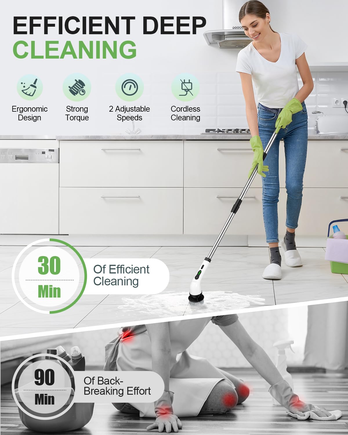 Electric Spin Scrubber, Cordless Power Cleaning Brush with 9 Replaceable Brush Heads, Bathroom Scrubber with Extension Arm, 2-Speed Motorized Tile Floor Scrubber for Tub, Sink, Wheel, White-ra1
