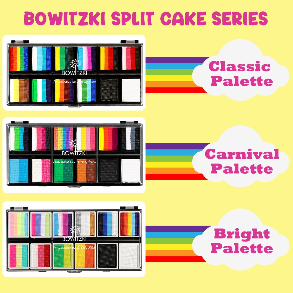Bowitzki Face Paint Kit Professional Split Cake Face Painting Set For Kids Adults 12x10 gm with Stencil One Stroke Non Toxic Rainbow Flora Dolphin Unicorn Flame Body Paint Halloween Christmas Makeup
