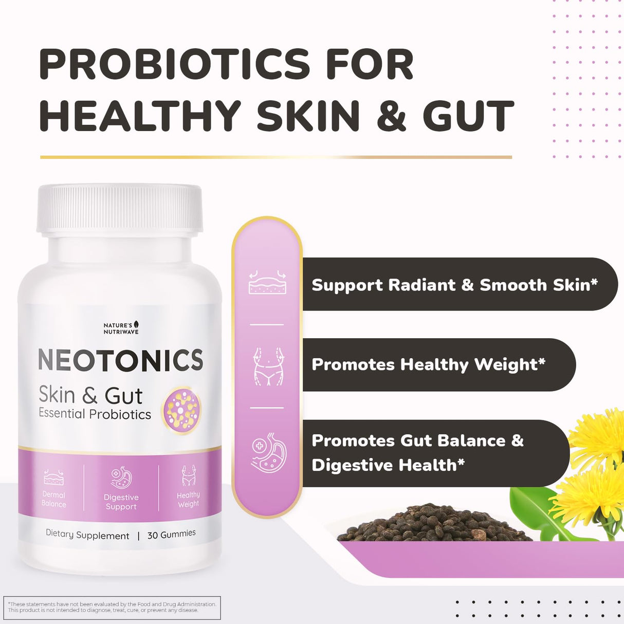 Neotonics Skin and Gut Gummies - 100% Natural Probiotic Gummies, Chewable Probiotics for Digestive Health & Skin Health, Daily Probiotics for Women & Men - Apple Flavor, 30 Gummies, 1 Month Supply