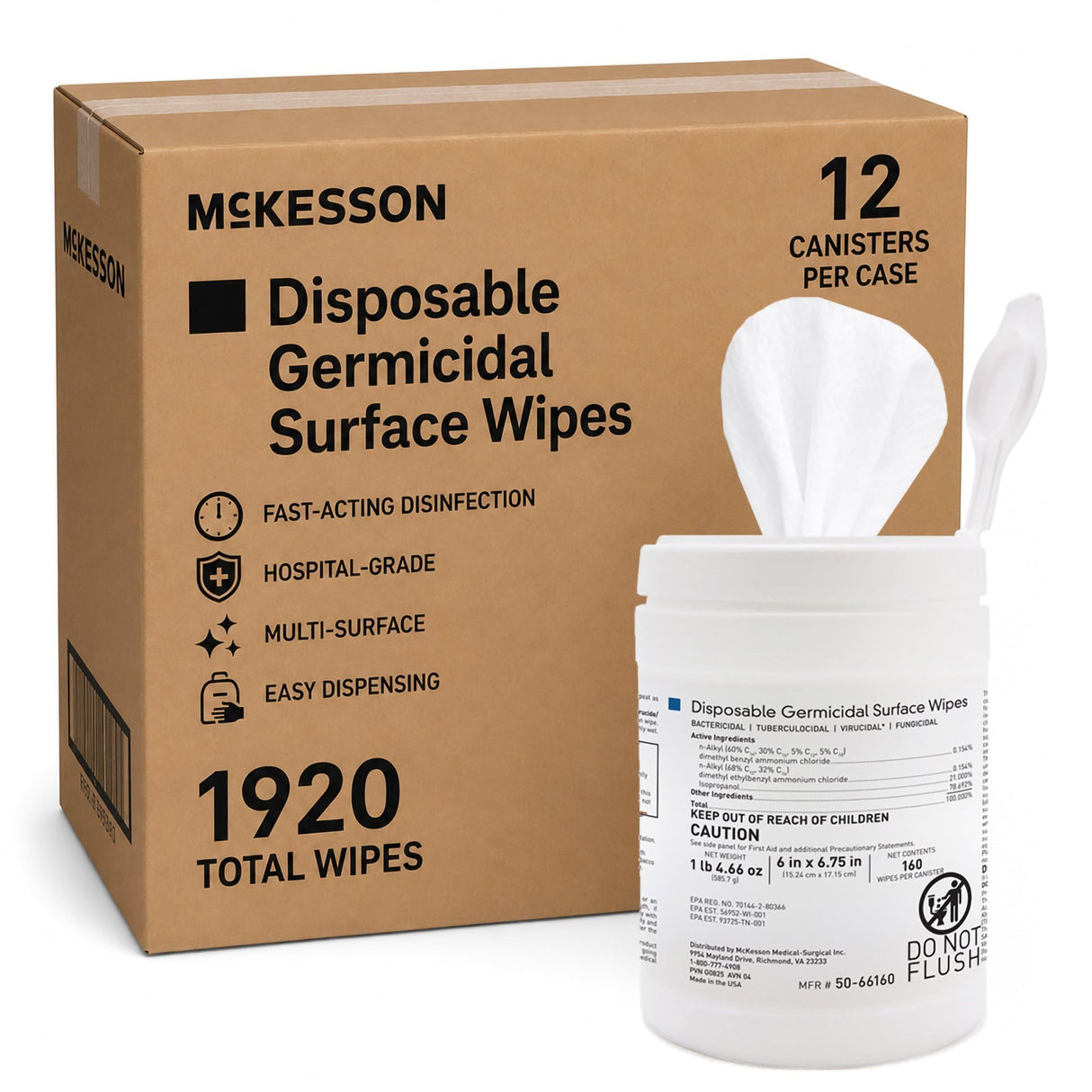 McKesson Germicidal Wipes [1920 Count] Disinfecting Wipes, Alcohol Cleaning Disinfectant Wipes, Hospital Grade Multi-Surface Wipes, 160 Wipes, 12 Pack