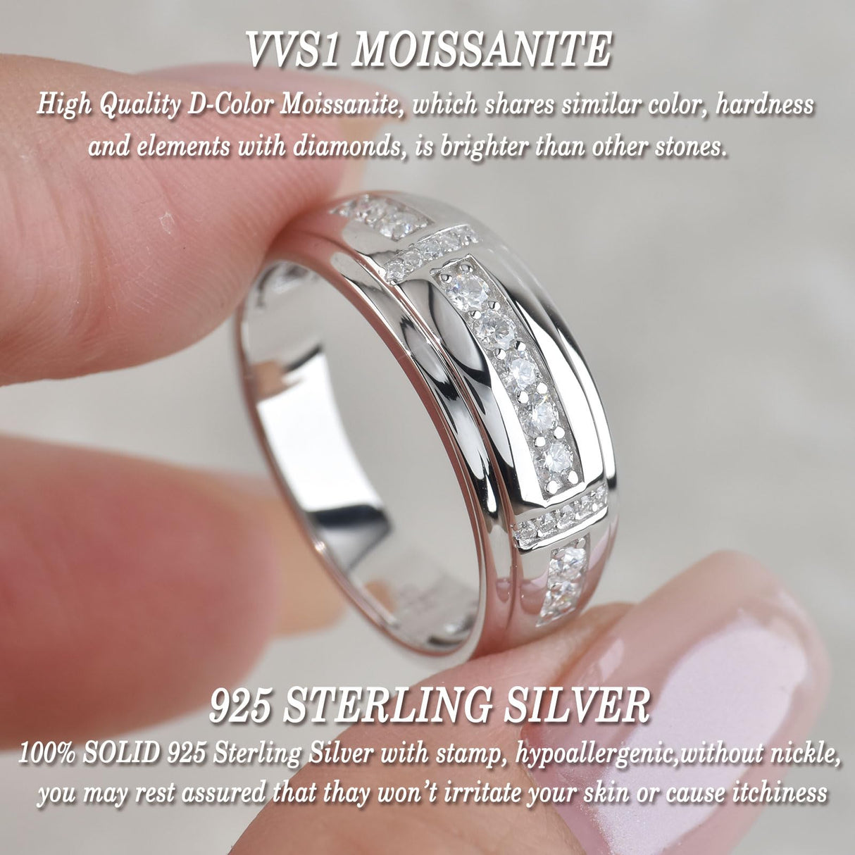 Heinlov Moissanite Mens Wedding Band 925 Sterling Silver D Color VVS1 Sz 11