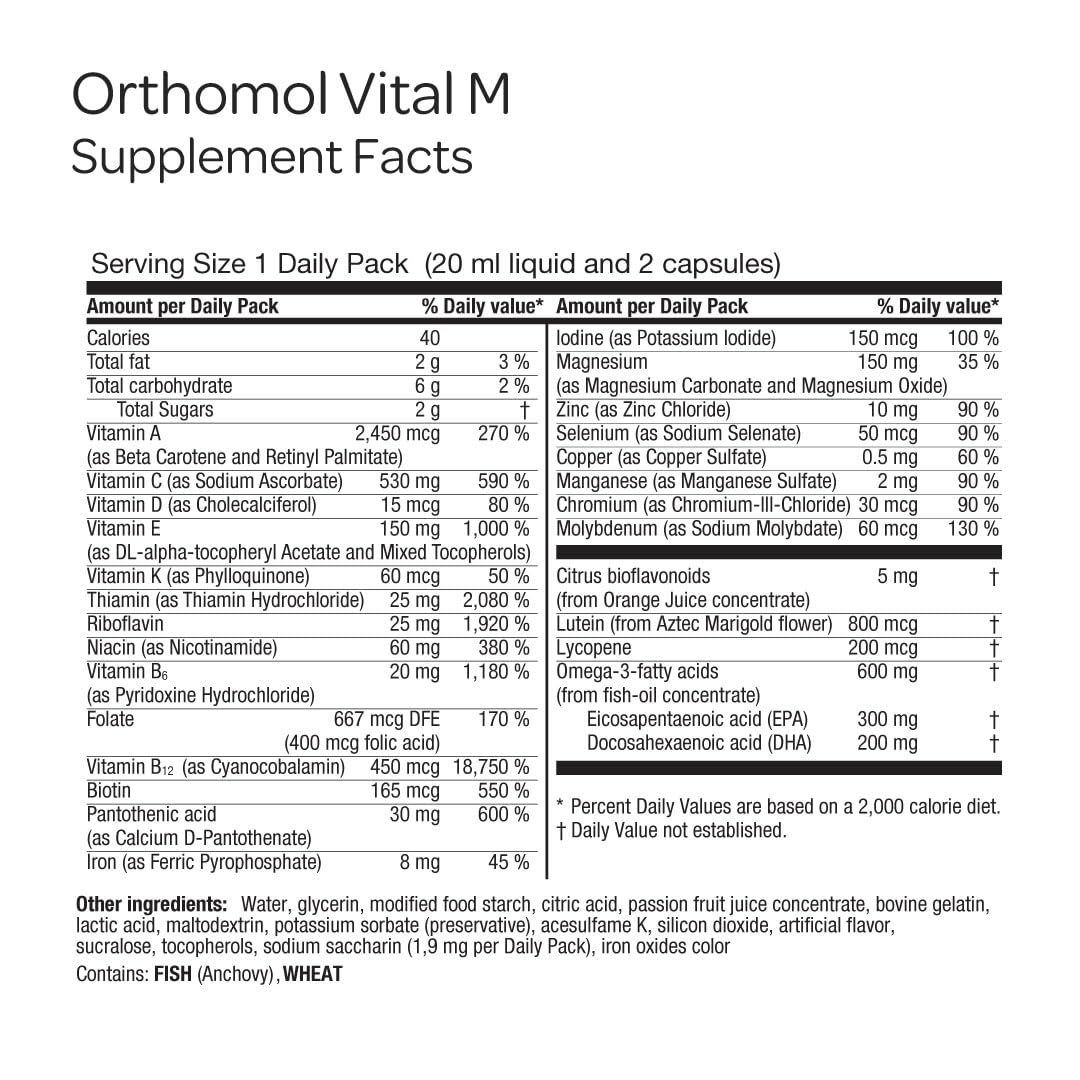 Orthomol Vital M Vial – 30-Day Men's Vitamin Supplement with A, B, C, D, E, K, Iodine & Omega-3 – Supports Male Energy & Vitality