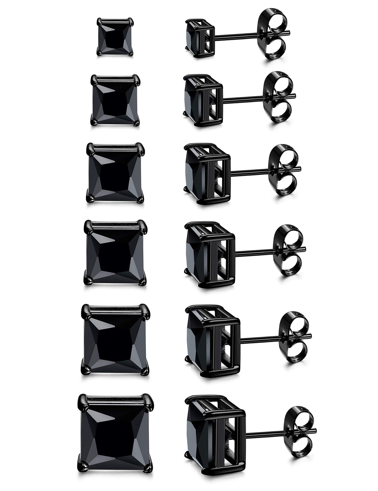ORAZIO Black Square CZ Stud Earrings for Men Women Stainless Steel Princess Cut Cubic Zirconia Earring Studs 3MM-8MM