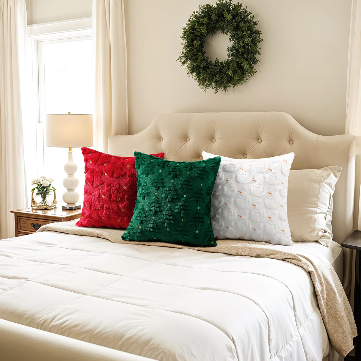 Softalker Christmas Throw Pillow Covers 22 x 22 Inch Set of 2, Xmas Winter Christmas Tree Faux Fur Cushion Covers, 3D Embroidered Pillow Cases for Couch Bedroom Living Room Decor, Green