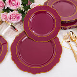 Liacere 350PCS Red Plastic Plates-Disposable Burgundy Red and Gold Plates 50guest Baroque Plastic Dinnerware include 100Plates, 50Pack Pre Rolled Napkins with Silverware 50Cups for Christmas