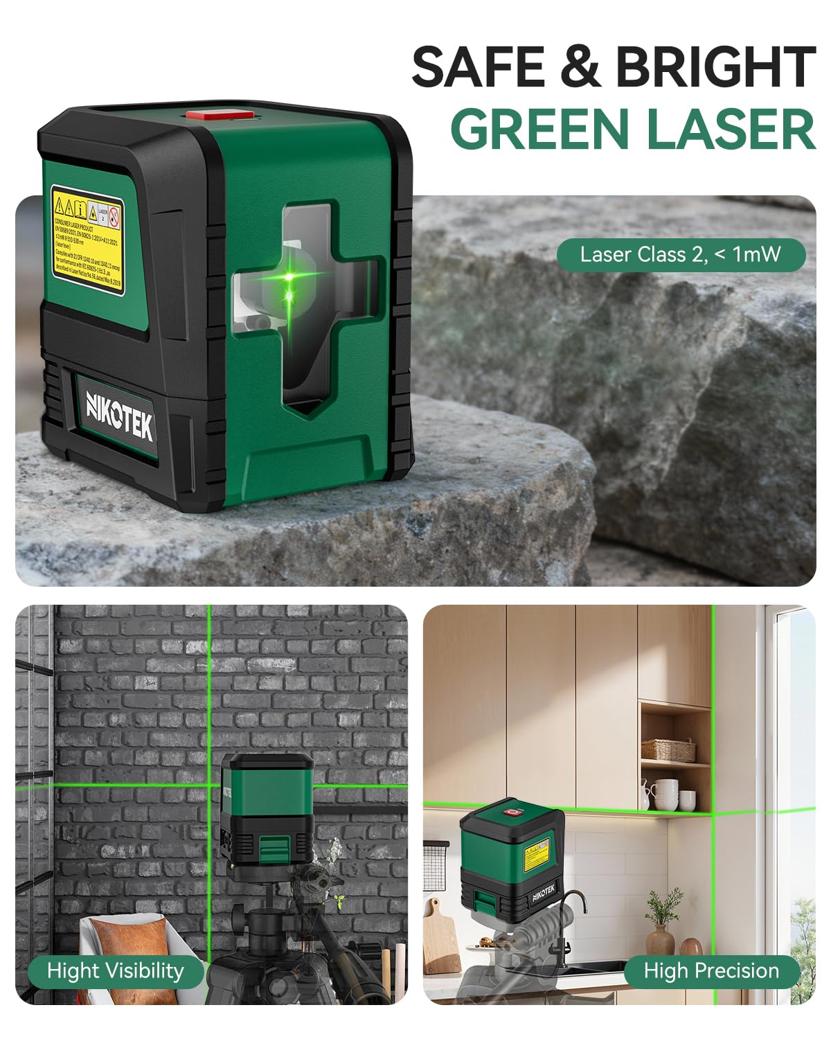 Nikotek Laser Level Self-Leveling Green Beam Horizontal and Vertical Crossline Laser for Home Decor Carrying Pouch, Tripod Battery Included (NK02GT2)