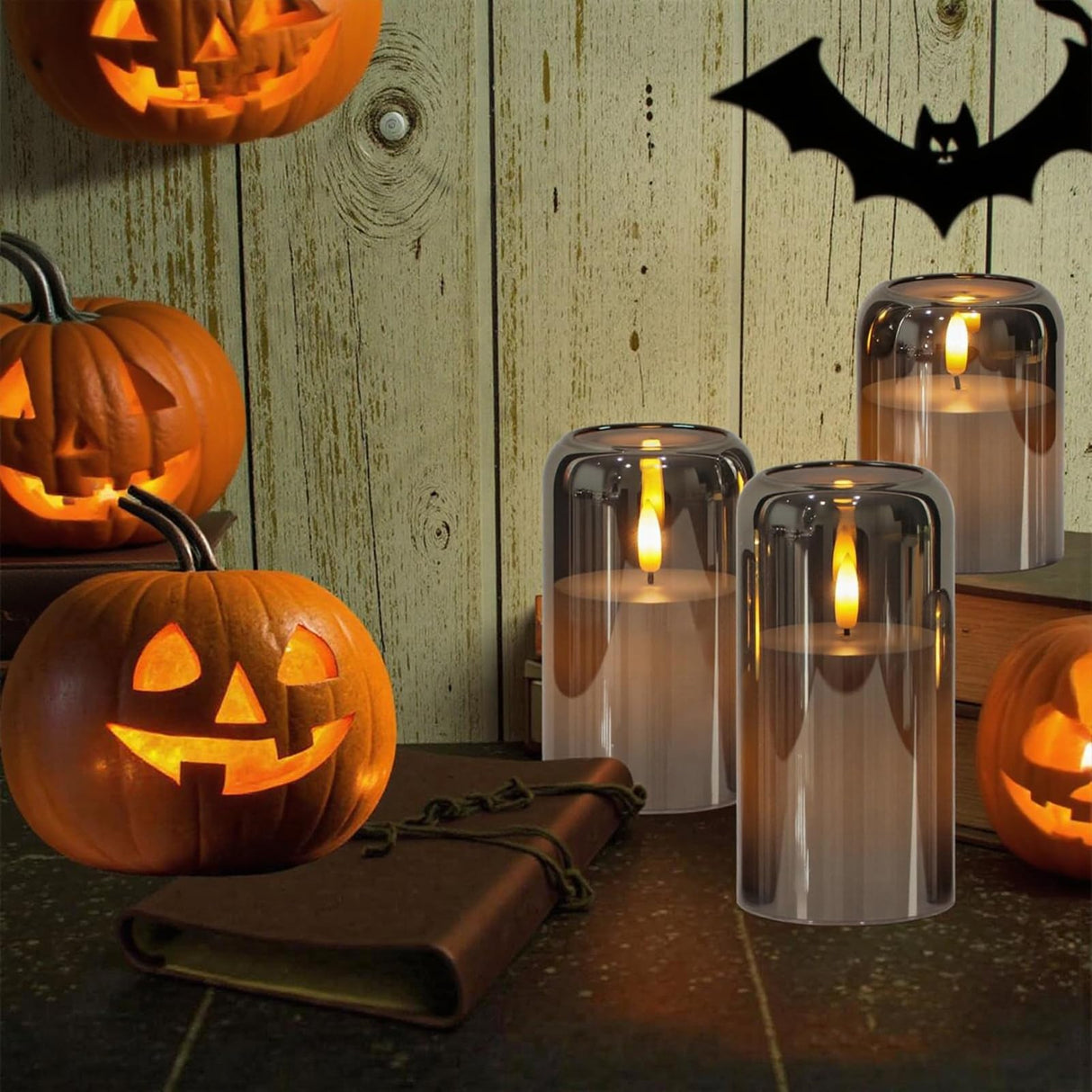 GenSwin Glass LED Candles with Remote Timer, Black Flameless Candles Battery Operated with Flickering Flame, Glass and Real Wax Pillar Candle for Halloween Christmas Home Decor(Set of 3, D3”x4”5”6”)