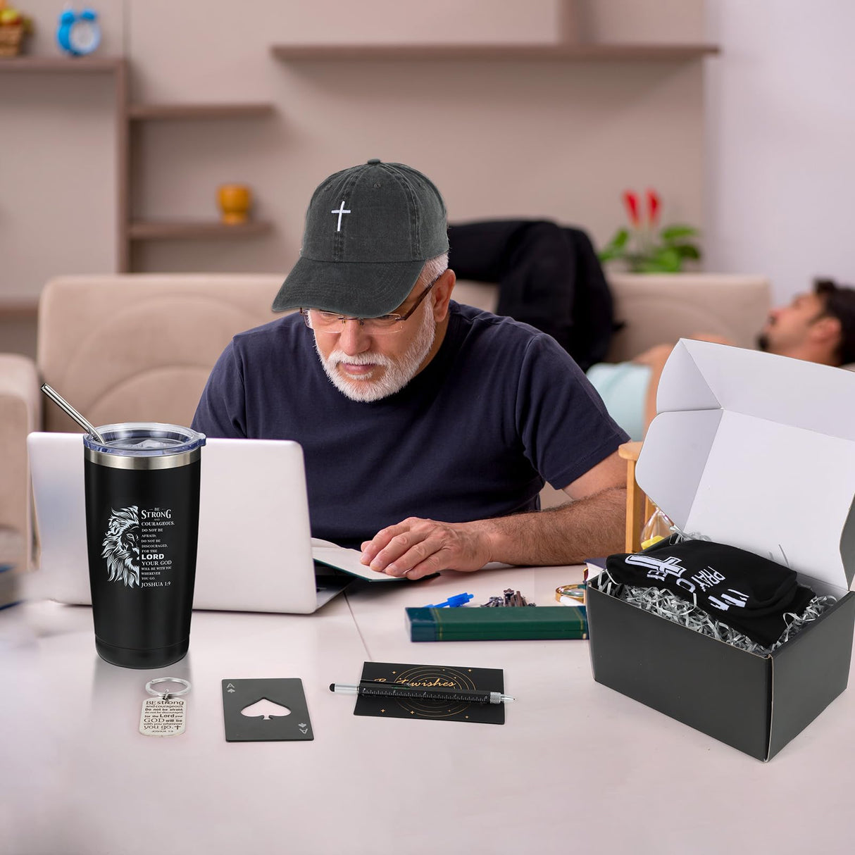 Kolewo4ever 9 Pcs Christian Gifts for Men Christmas Gift for Dad Inspirational Gifts Set for Father Spiritual Religious Catholic Gift Box for Male Friends Co Workers