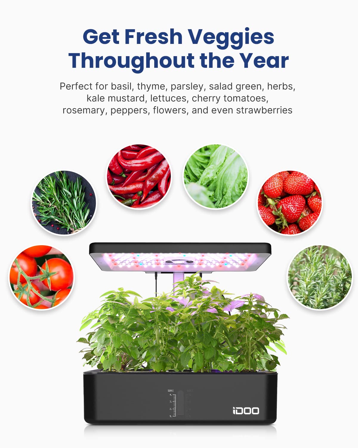 iDOO Hydroponics Growing System Kit 12Pods, Indoor Herb Garden with LED Grow Light, Built-in Fan, Auto-Timer, Adjustable Height Up to 11.3", for Home School Office, Gifts for Women Men Fathers