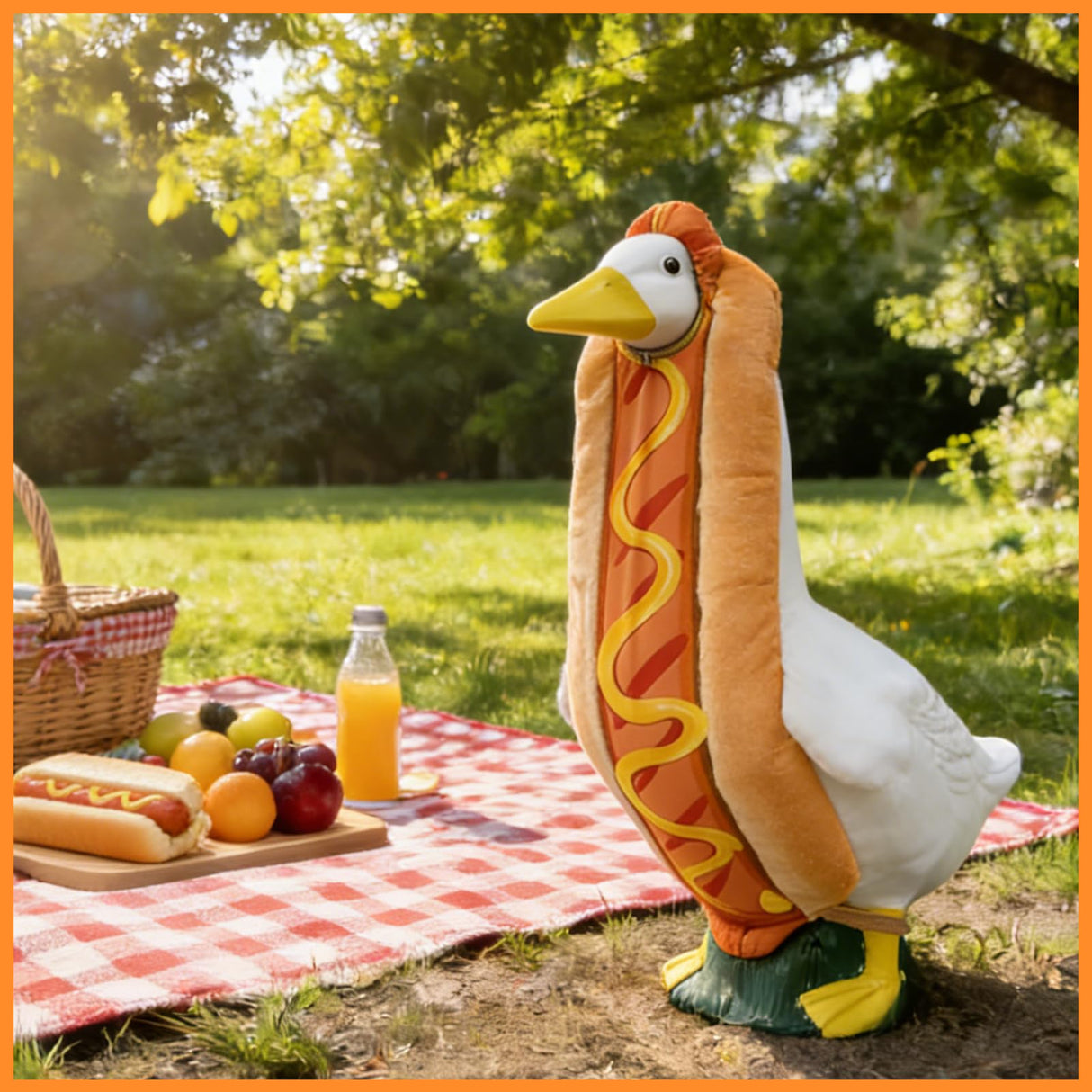 Bifrgmy Hot Dog Goose Outfit, Funny Porch Goose Clothes Costume, Fits 23 Inch Cement Plastic Goose Statue, Perfect for Outdoor Garden Yard Patio Art Decoration(Orange)