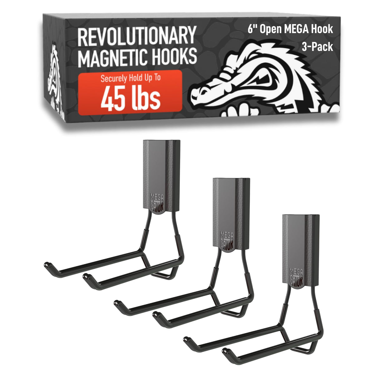 GATOR MAGNETICS MEGA 6 in Open Hooks, 45 lb Heavy Duty Magnetic Hooks for Steel Surfaces, Patented Easy-Release, Non-Slip Grip – Storage & Organization, Garage, Home Tools & Gear Storage – 3 Pack
