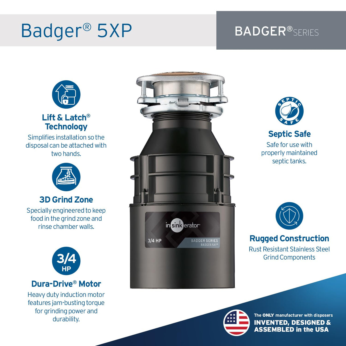 InSinkErator Badger 5XP Garbage Disposal, Badger Series 3/4 HP Continuous Feed Food Waste Disposer