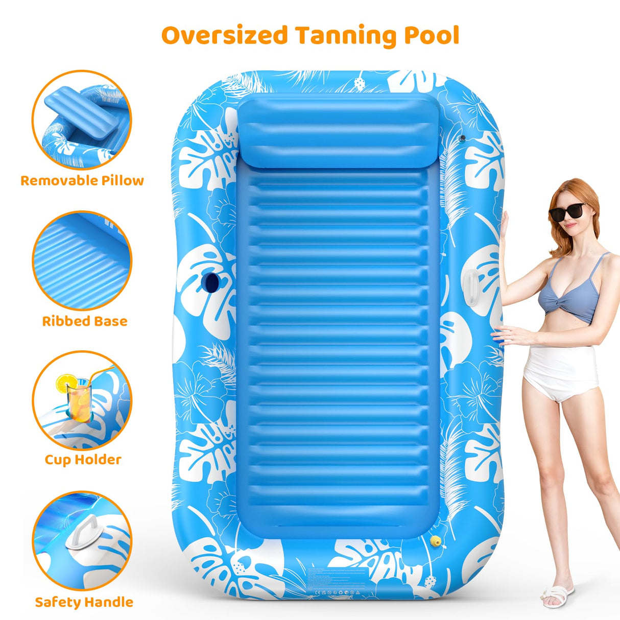Inflatable Tanning Pool Lounger Float with Sprinkler, 77" x 48" Pool Floats Adult with Pillow, 6 in 1 Suntan Tub Raft Floatie with Drink Holder Sunbathing Water Lounge