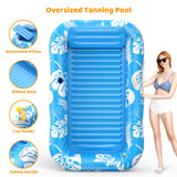 Inflatable Tanning Pool Lounger Float with Sprinkler, 77" x 48" Pool Floats Adult with Pillow, 6 in 1 Suntan Tub Raft Floatie with Drink Holder Sunbathing Water Lounge