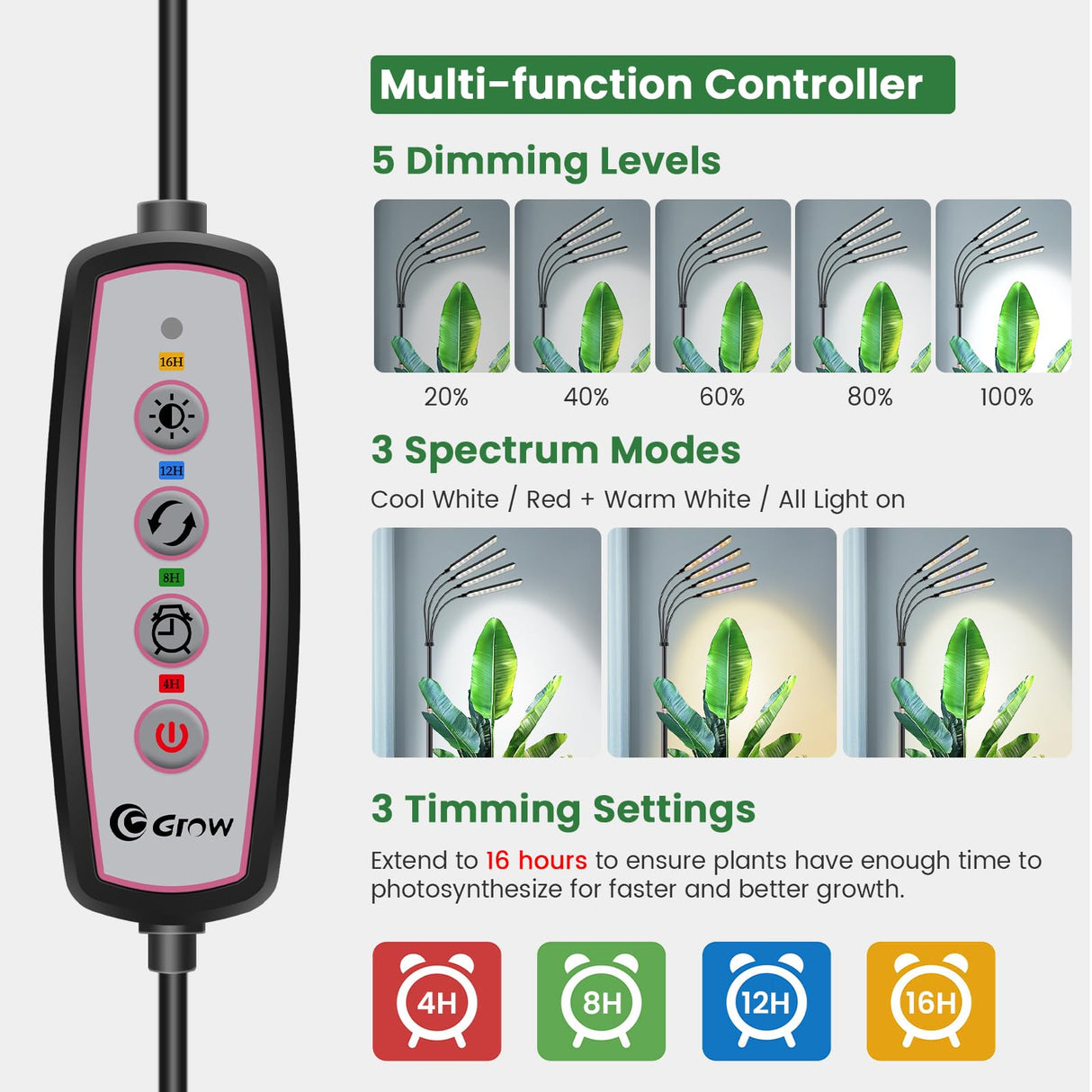 Kullsinss Grow Lights for Indoor Plants with Stand, 4-Heads Full Specturm Plant Grow Light with 4/8/12/16H Timer, 3 Color Modes, 360° Flexible Gooseneck, 24-68.7in Hight Adjustable Grow Lamp, Black