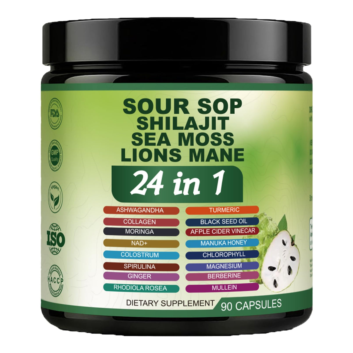 24 in 1 Soursop Capsules - Graviola Soursop Capsules with Shilajit, Sea Moss, Lions Mane, Turmeric, Ashwagandha, Vegan, Ginger & Manuka Honey and More, Non-GMO, 90capsules