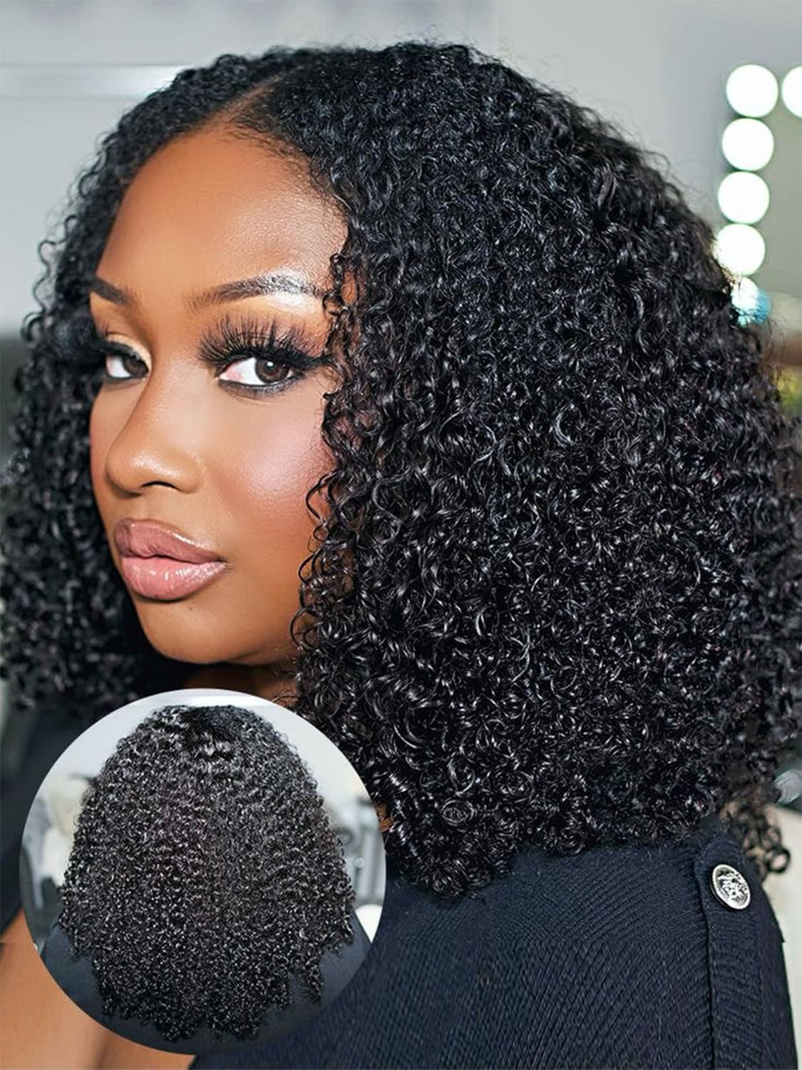 ISEE V Part Human Hair Afro Curly Minimal/No Leave Out Upgrade U Part for Black Women V Shape Kinky Curly Thin Part Glueless Clip In Half Wig 180% Density Natural Color 20 Inch