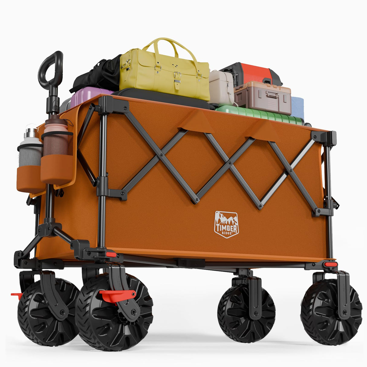 TIMBER RIDGE Outdoor Collapsible Folding Wagon with Brakes and Cup Holders, 500lbs Heavy Duty All Terrain Wheels Utility Cart for Shopping Camping Garden Sports, Orange
