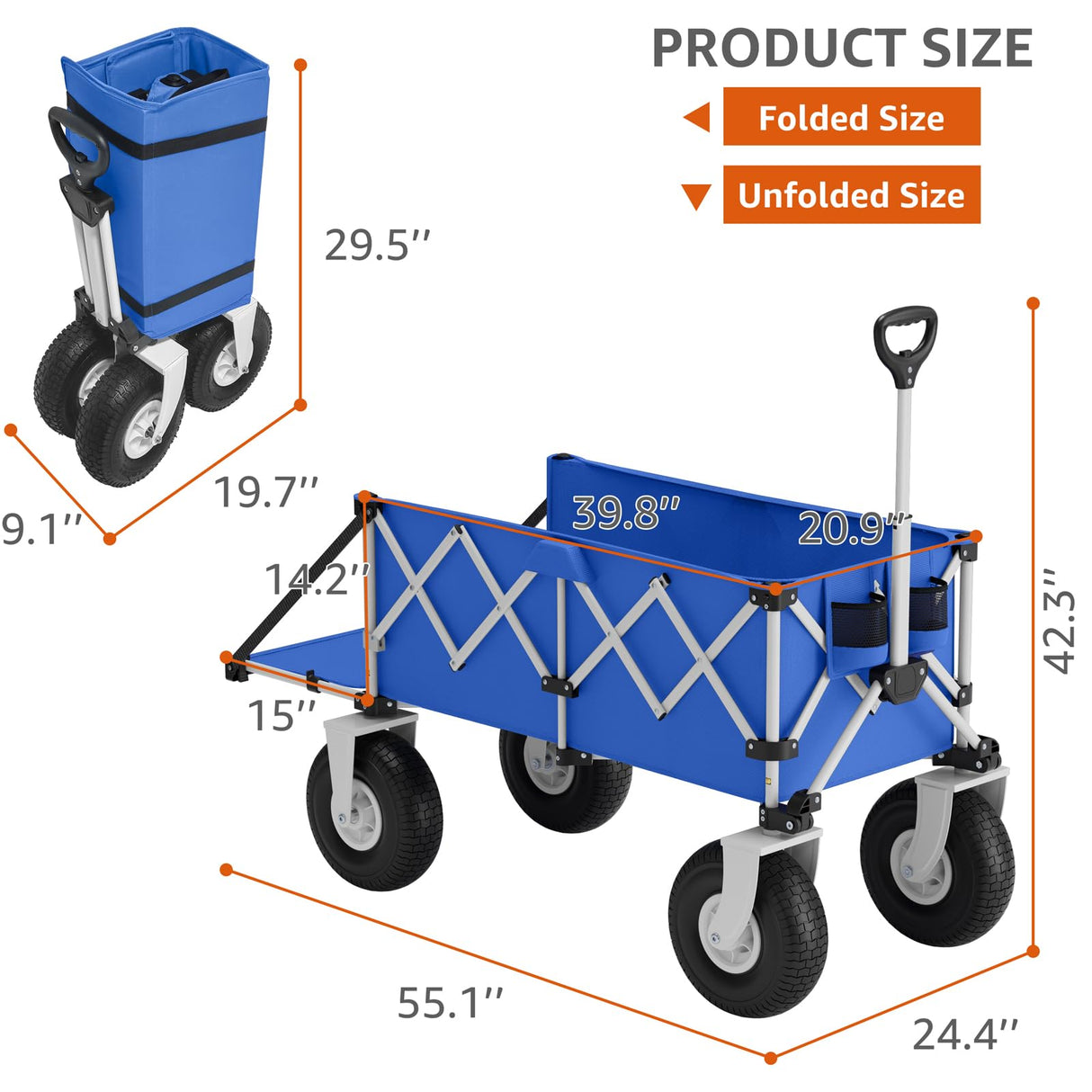 Blue Beach Wagon with Big Wheels for Sand - Heavy Duty 10" Wheel Collapsible Wagon Foldable Large Cart Folding All Terrain for Camping