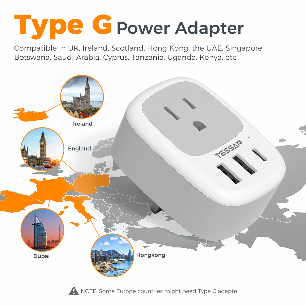 2 Pack UK Adapters for Travel, TESSAN Ireland Plug Adapter with 3 USB ...