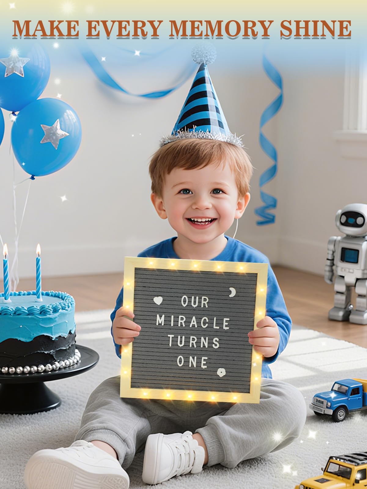 Changeable Felt Letter Board with LED Lights - 10×10" Message Custom Signs & Wood Stand & 450 Letters, Poster Board for Christmas/Pregnancy/Baby Announcement/Classroom Wall Decor Gifts, Grey