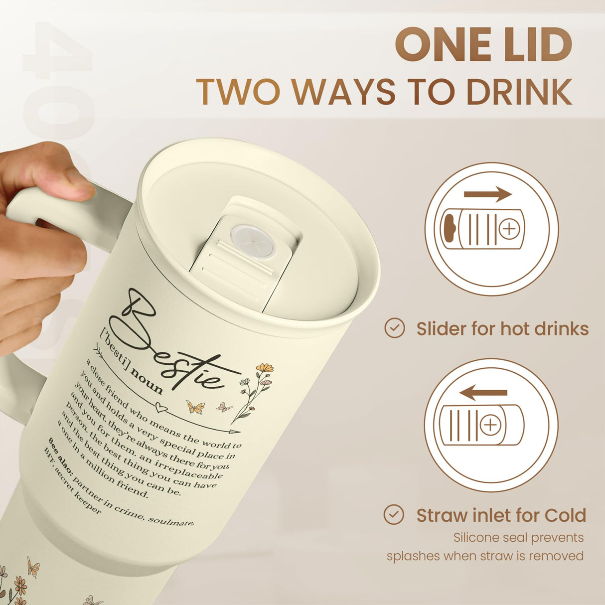 Best Friend Tumbler with Handle 40oz, Bestie Cups for Women Stainless Steel Coffee Travel Tumblers with Straw, Bestie Gifts for Female Friends BFF, Friendship Gift for Birthday Christmas Valentines