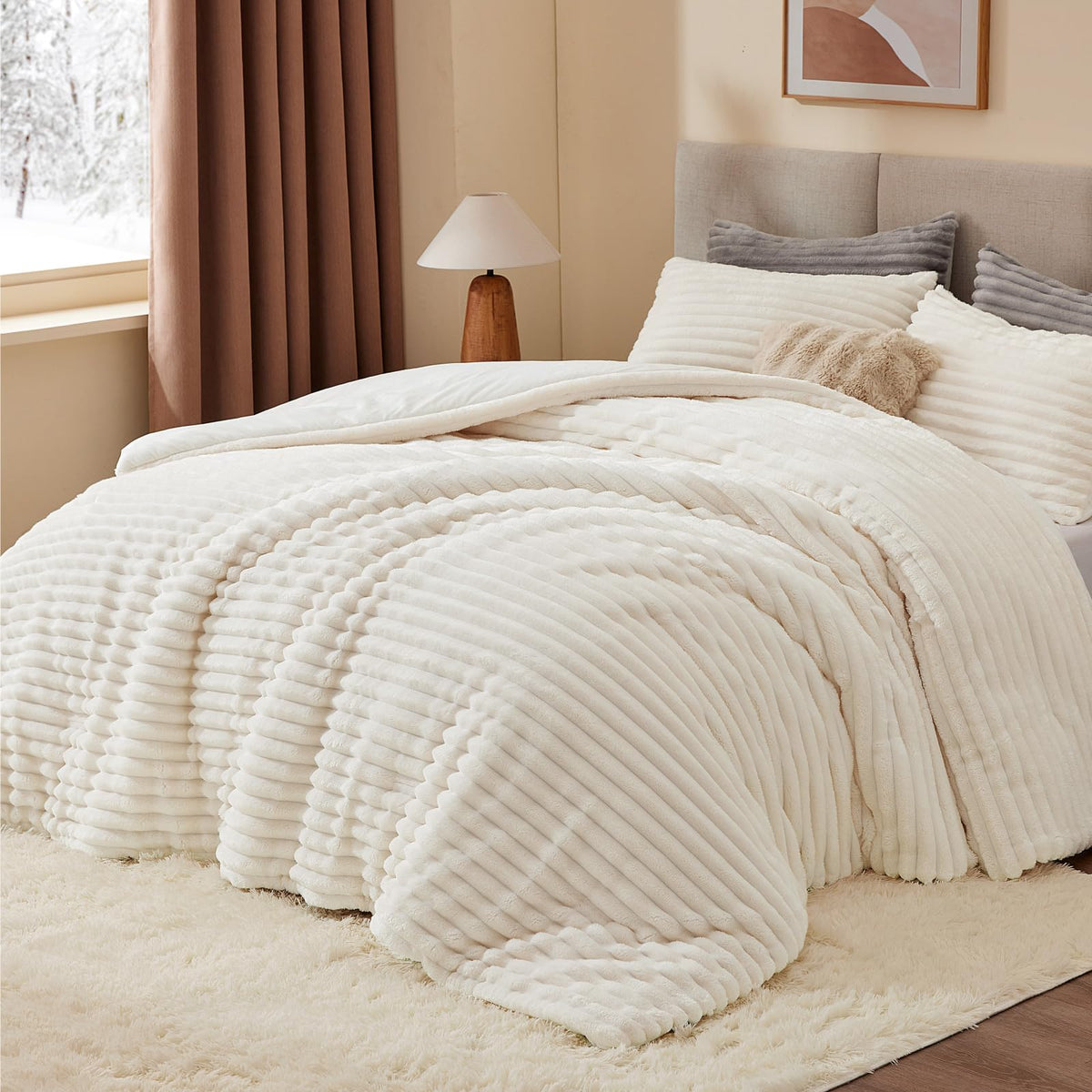 BEDELITE Fleece Queen Comforter Set, Fluffy Bed Set, Cream White