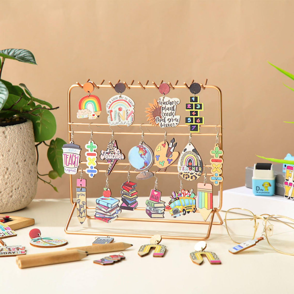 Quelay 36 Pairs Teacher Earrings for Women Fun Wooden Studs Bulk Cute Back to School Gift Dangle Earrings Sets Colorful Pencil Apple Rainbow Jewelry for Classroom Appreciation Jewelry Gift