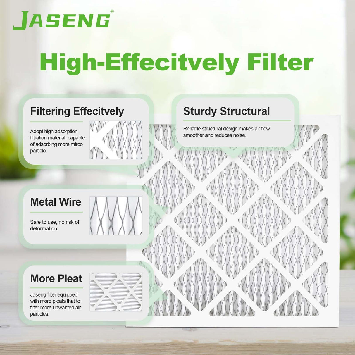JASENG 14x14x1 Air Filters, MERV 8 Pleated HVAC Furnace Filters (4-Pack) - Dust Defense, MPR 600 - exact dimensions: 13.75"x13.75"x0.75" - Replacement for AC, Heater, and Ventilation Systems