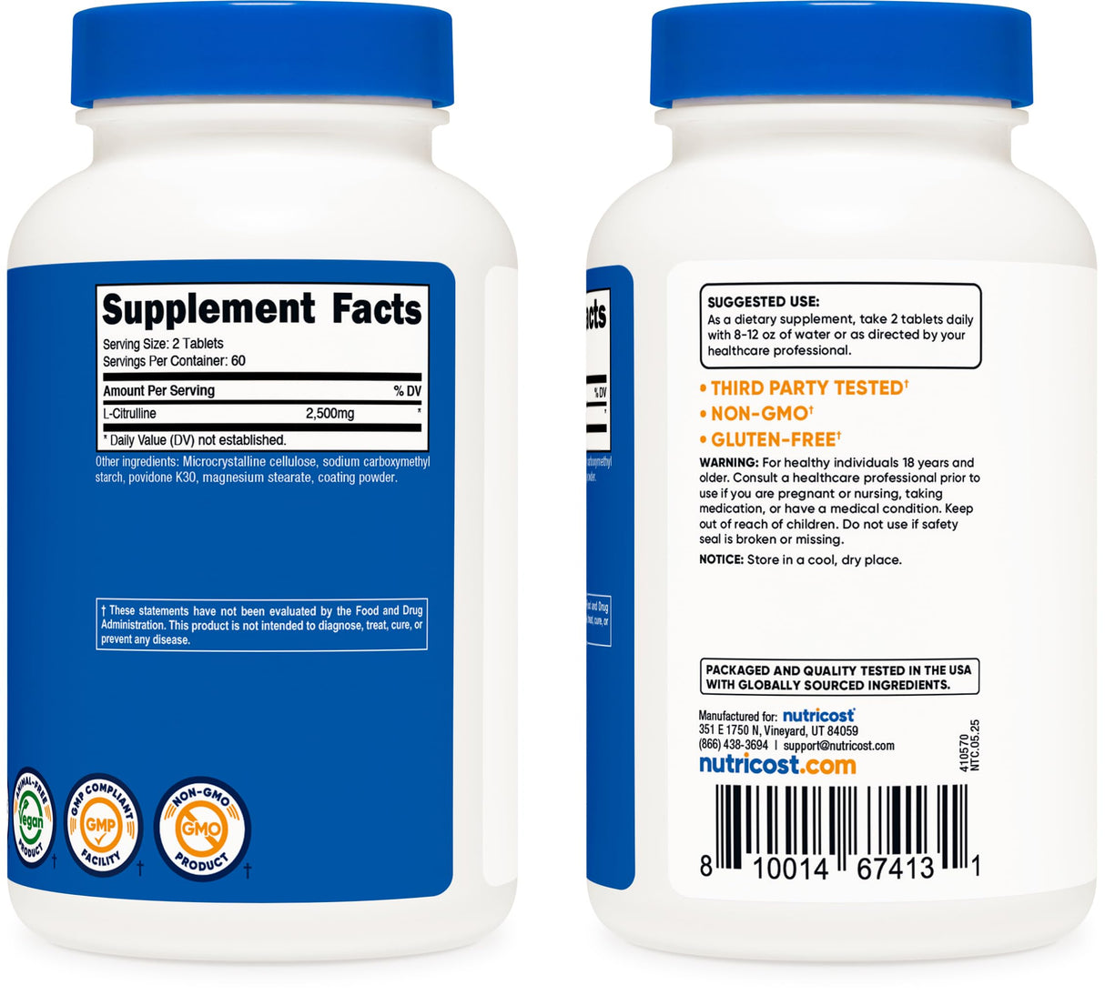 Nutricost L-Citrulline 2500mg Per Serving, 60 Servings, 1250mg Per Tablet, 120 Tabs - Non-GMO and Gluten Free Supplement