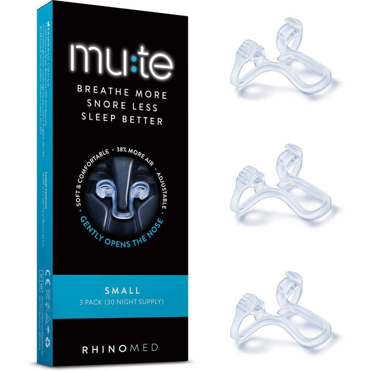 Mute by Rhinomed Nasal Dilator for Snore Reduction | Small 3pk | Increase Airflow | Anti Snoring Devices | Nasal Dilators for Sleeping | Internal Nasal Dilator | Snoring Solution | Transparent