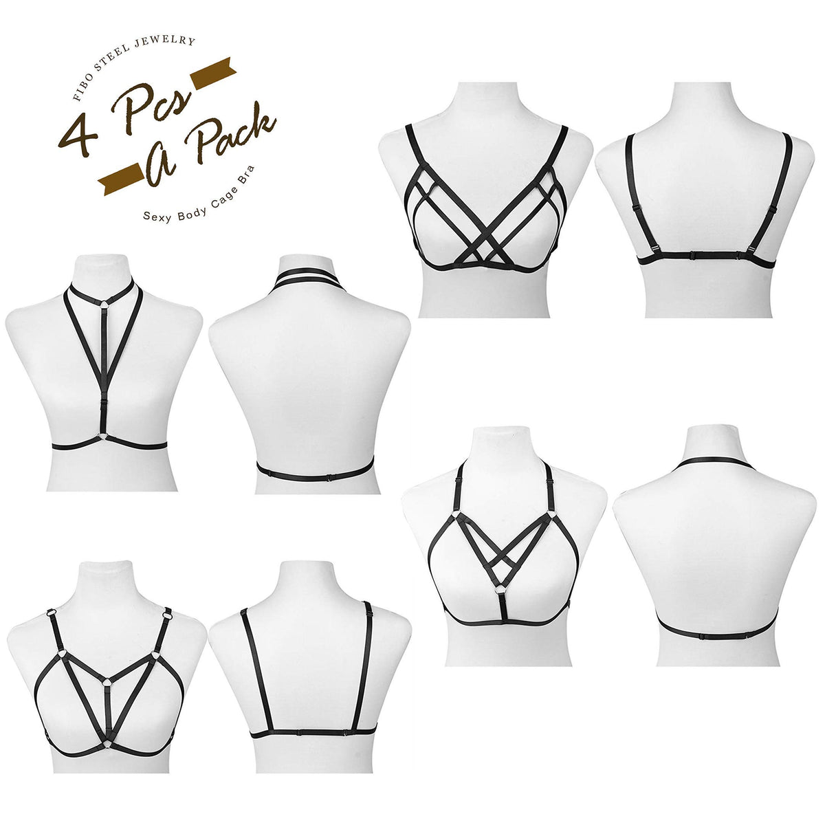 FIBO STEEL 4 PCS Black Strappy Cage Bra Sexy Bra Harness for Women
