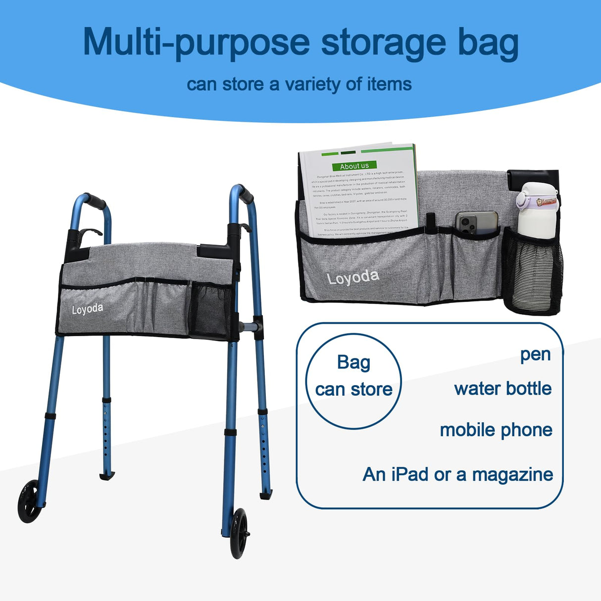 Loyoda Folding Walkers for Seniors,FSA/HSA Eligible Medical Walker 5'' Front Wheel Lightweight Walker with Storage Bag and Skis Glides Height Adjustable Aluminum Compact Standard Walker （Blue）