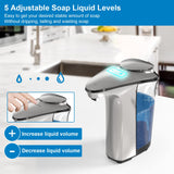 PZOTRUF Automatic Soap Dispenser, Touchless Dish Soap Dispenser 17oz/500ml with Infrared Sensor, 5 Adjustable Soap Dispensing Levels, Liquid Hand Dispenser for Bathroom Kitchen Sink (Silver)