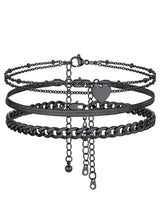 FOCALOOK Anklets for Women Waterproof, 3 Pcs Black Ankle Bracelets for Women Plus Size Adjustable Cuban Figaro Link Chain Heart Charm Anklets Set for Summer Beach Gift