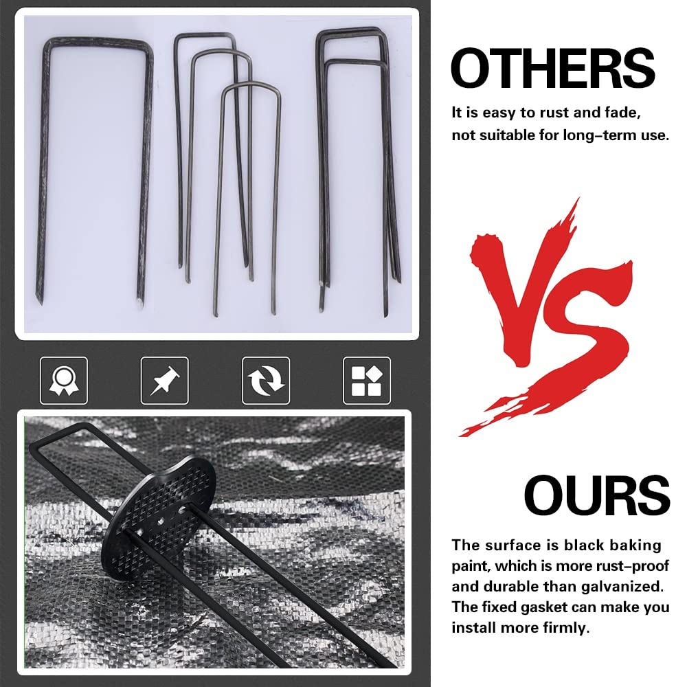 Bakulyor 100pcs Black Landscape Staples + 100pcs Buffer Washer, 6 Inch 11 Gauge Garden Stakes Staples, U Shaped Galvanized Lawn Pins Heavy Duty Yard Ground Pin for Weed Barrier Sod Fabric Decorations
