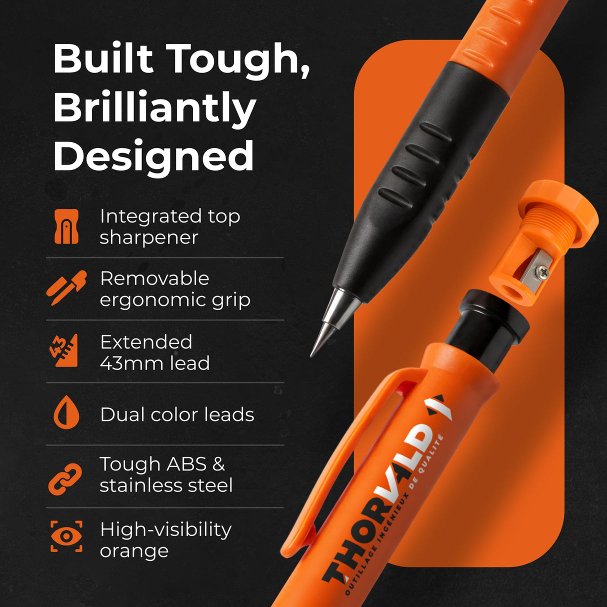 THORVALD 2 Carpenter Pencils Set for Construction - Incl. 38 Leads + Sharpener + Finger Grip - Solid Mechanical Pencils with Fine Point/Best Marking tools Construction/Carpenters/Scriber