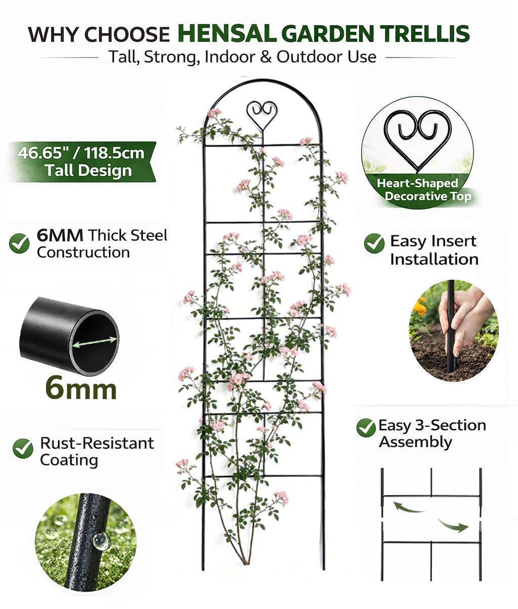 46.6" Metal Garden Trellis, 3-Section Plant Trellis for Climbing Plants Indoor & Outdoor, Plant Support for Large Pots, Grow Bags & Raised Beds, Roses, Tomato Plants & Vines, 1 Pack, Black
