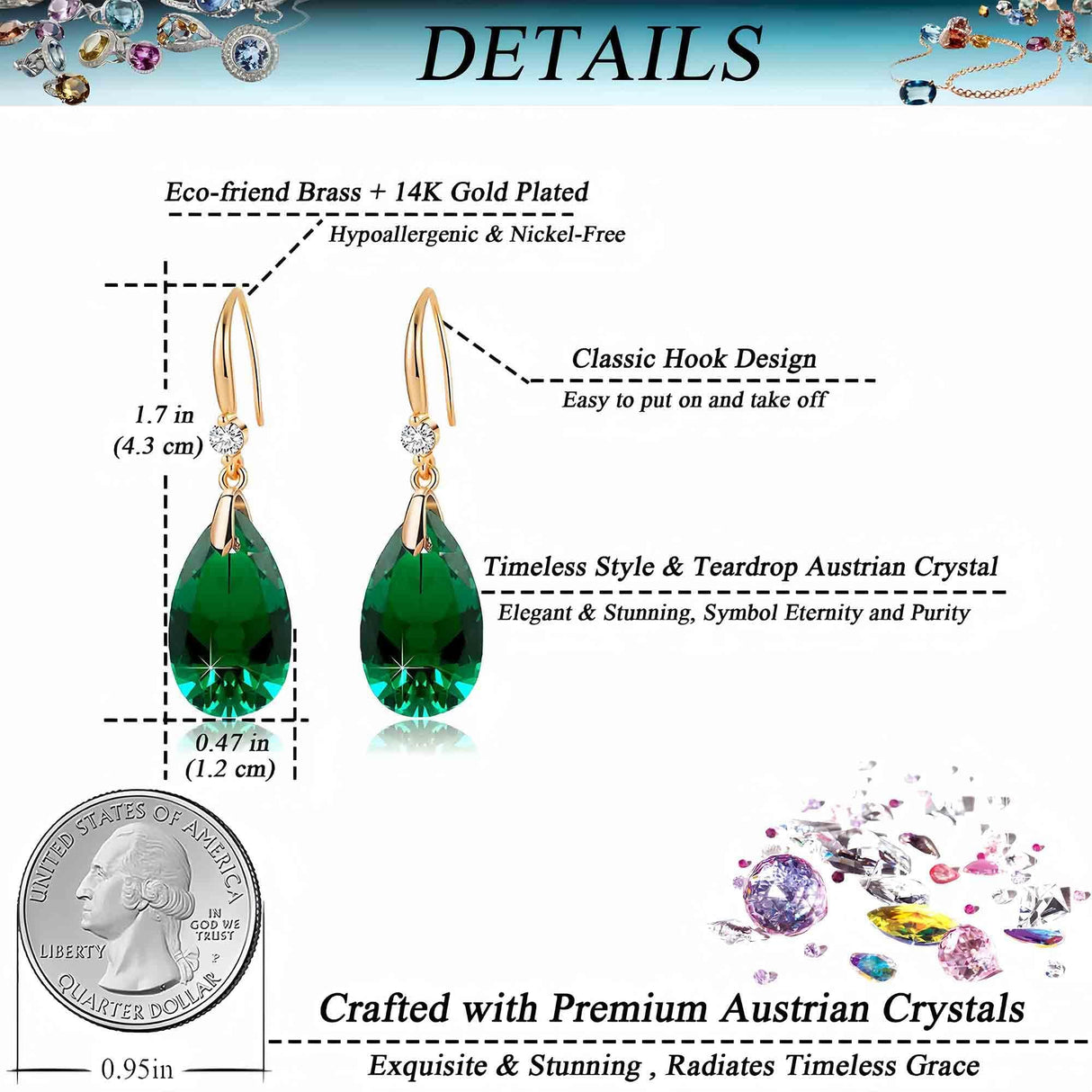 EVEVIC Austrian Crystal Teardrop Drop Earrings for Women, French Hook