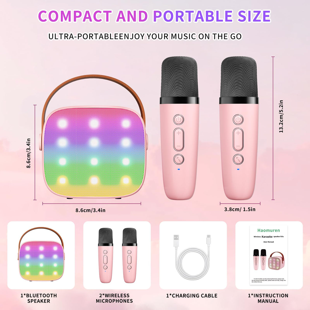 Mini Karaoke Machine Kids Microphone, Haomuren Portable Bluetooth Karaoke Speaker with 2 Wireless Microphones and LED Lights, Christmas Birthday Party Gifts for Kids & Adults
