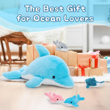 Tezituor Dolphin Stuffed Animal with 4 Babies, 20.5" Large Dolphin Plush Toy Realistic Ocean Stuffed Animals Soft Plushies Home Decor Christmas Birthday Gifts for Boys Girls Kids