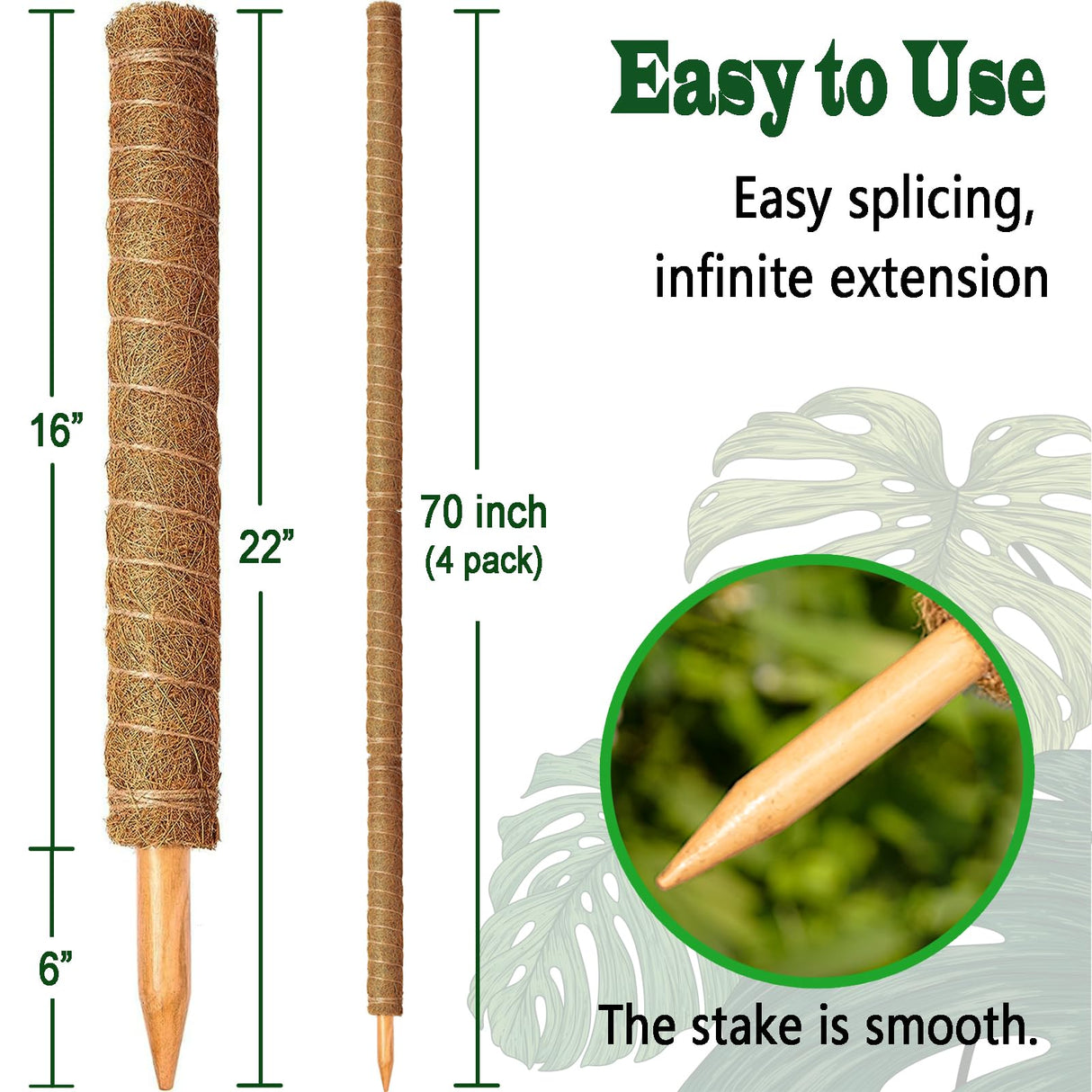 4 Pack 22 Inch Moss Poles, Stackable Moss Pole for Plants Monstera, 70 Inch Tall Moss Poles for Climbing Plants Indoor, Coir Totem Plant Support Stakes Stand for Potted Plants, Pothos