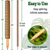 4 Pack 22 Inch Moss Poles, Stackable Moss Pole for Plants Monstera, 70 Inch Tall Moss Poles for Climbing Plants Indoor, Coir Totem Plant Support Stakes Stand for Potted Plants, Pothos
