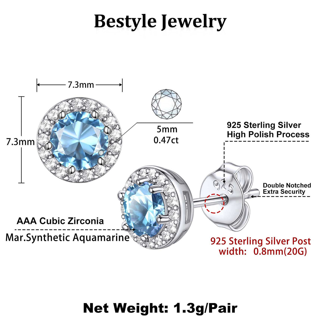 Bestyle 925 Sterling Silver Love Round Cubic Zirconia Earrings March Aquamarine Birthstone Stud Earrings for Women, Hypoallergenic Earrings for Sensitive Ears