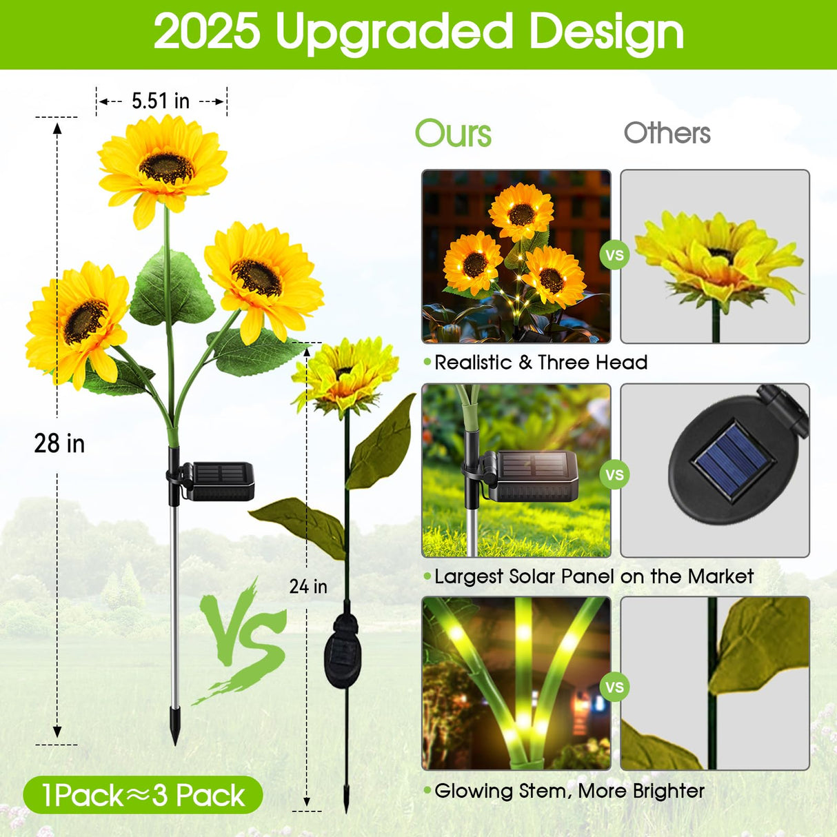 KOOPER Solar Lights Outdoor Garden Decor - Upgraded 3 Pack Solar Garden Lights with 9 Bigger Sunflower Lights, Solar Flowers Outdoor Waterproof for Flower Bed Yard Decor, Gift for Women Mom Grandma