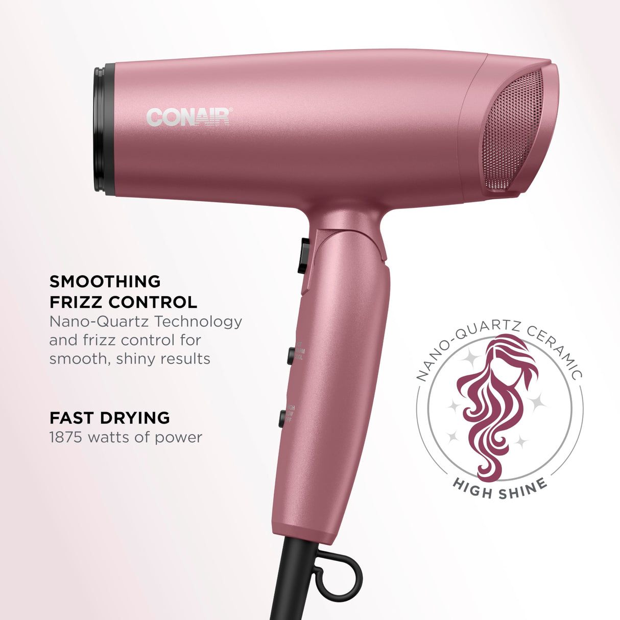Conair Hair Dryer with Diffuser and Folding Handle, Travel Friendly Hair Dryer, Radiance Boost Blow Dryer for Less Frizz, More Shine, and Irresistibly Silky Hair, Includes Diffuser and Concentrator